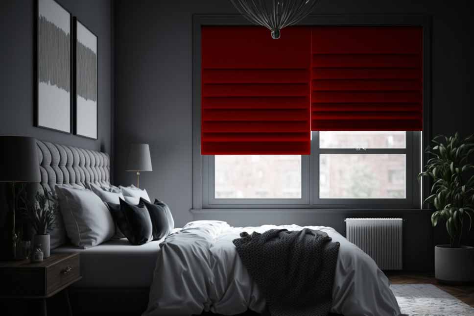 Red Blackout Blinds In A Bedroom
