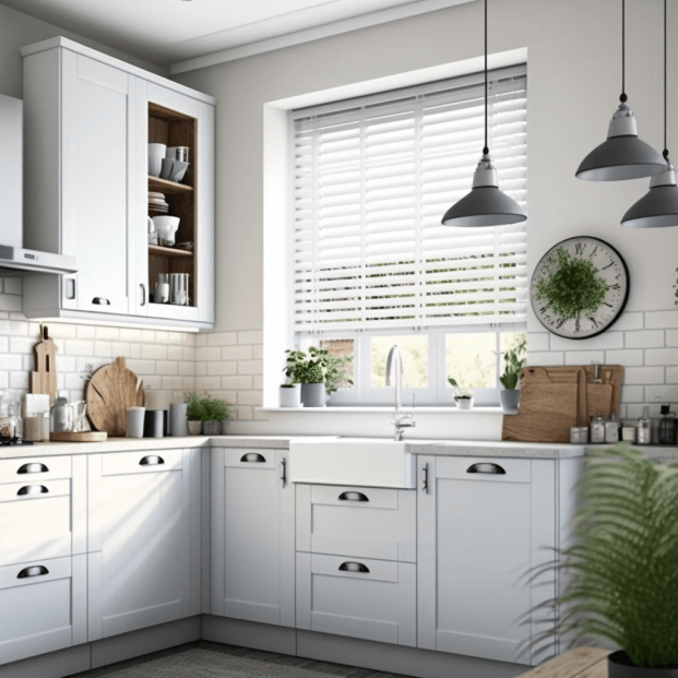 White Wooden Blinds Kitchen Window