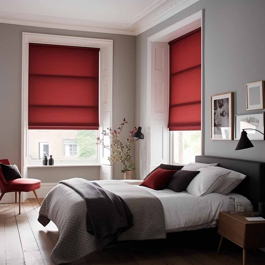 Red Roman Blinds In A Large Modern Bedroom