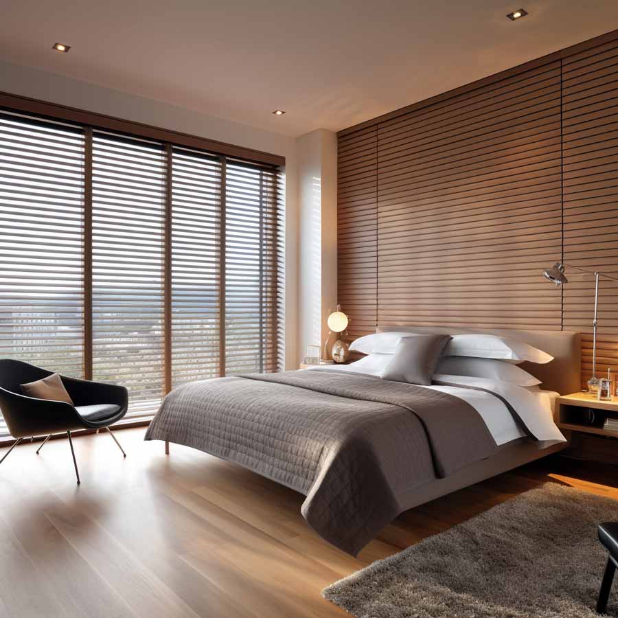 wood venetian blinds in a modern luxury bedroom